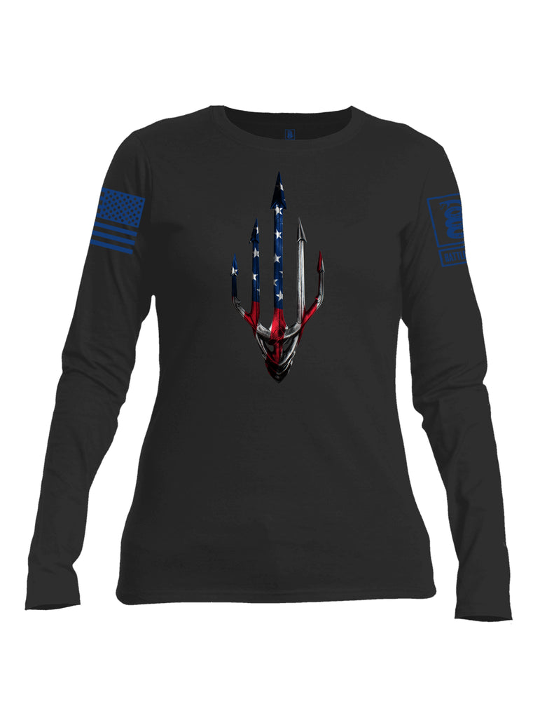 Battleraddle Water Man Trident USA American Flag Blue Sleeve Print Womens Cotton Long Sleeve Crew Neck T Shirt