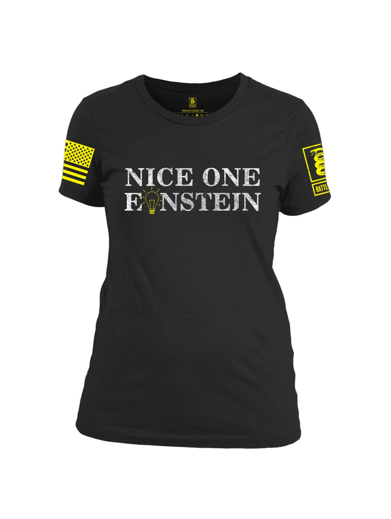 Battleraddle Nice One Einstein Yellow Sleeve Print Womens Cotton Crew Neck T Shirt