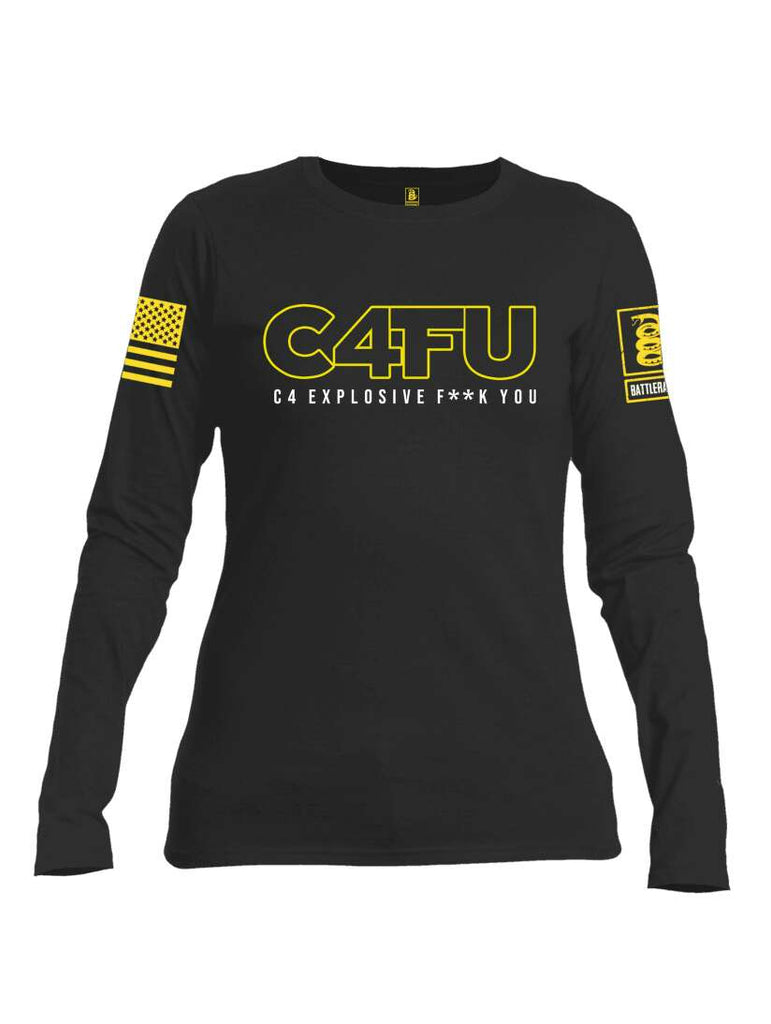 Battleraddle C4FU C4 Explosive F**k You Yellow Sleeve Print  Womens Cotton Long Sleeve Crew Neck T Shirt