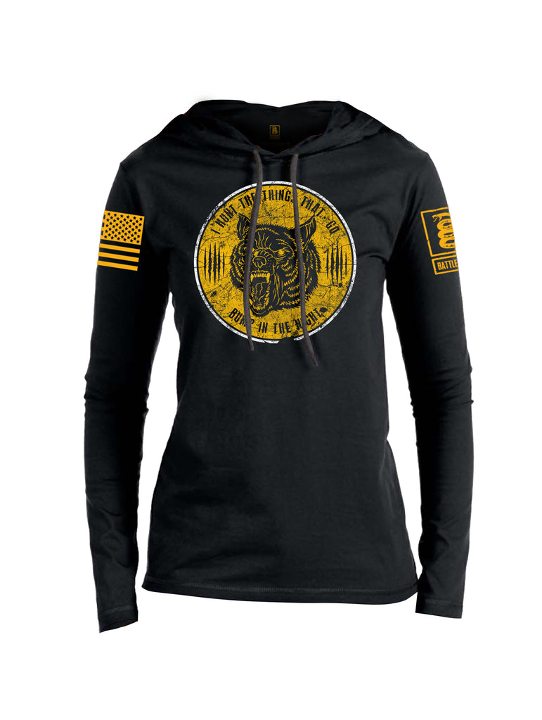 Battleraddle I Hunt The Things That Go Bump In The Night Gold Sleeve Print Womens Thin Cotton Lightweight Hoodie