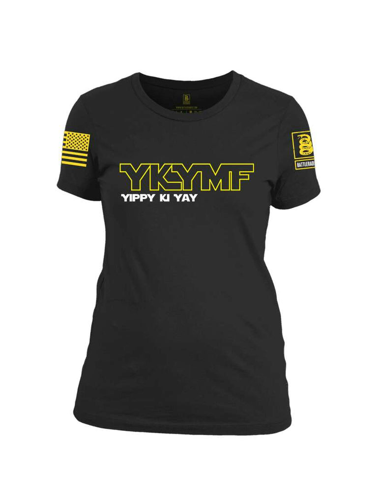 Battleraddle YKYMF Yippy Ki Yay Yellow Sleeve Print Womens 100% Battlefit Polyester Crew Neck T Shirt