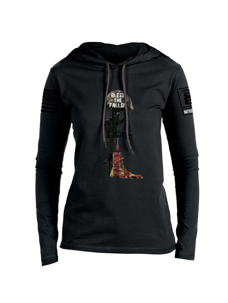 Battleraddle Bless The Fallen Black Sleeve Print Womens Thin Cotton Lightweight Hoodie