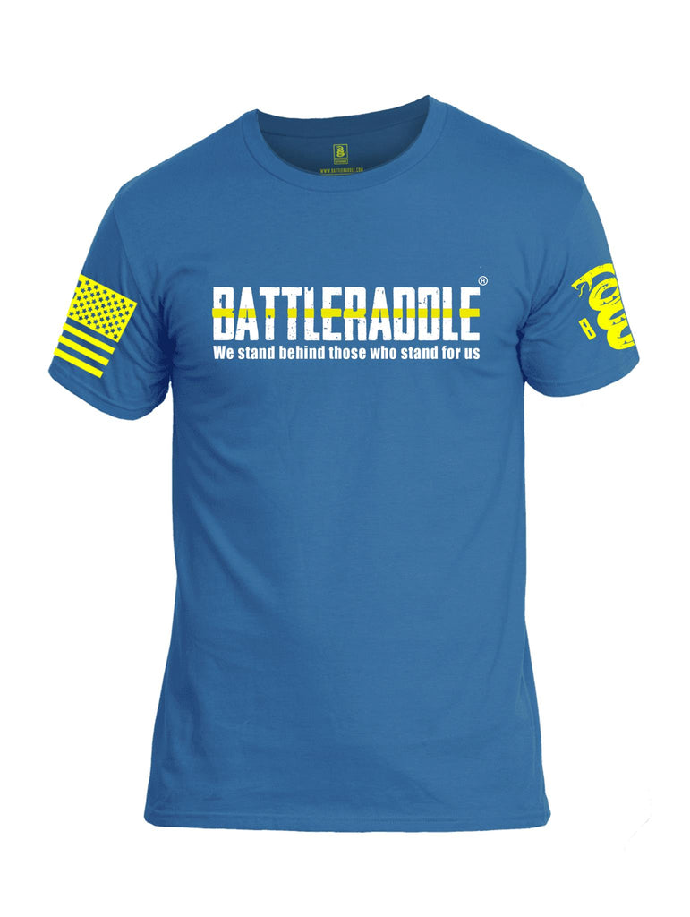 Battleraddle We Stand Behind Those Who Stand For Us Yellow Line Yellow Sleeve Print Mens Cotton Crew Neck T Shirt