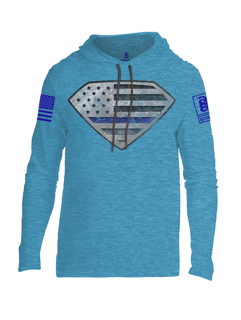 Battleraddle Super USA Flag Blue Line vs Bat Police Hero Blue Line USA Flag Blue Sleeve Print Mens Thin Cotton Lightweight Hoodie