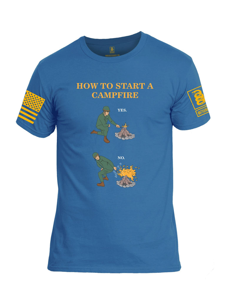 Battleraddle How To Start A Camp Fire Yes No Orange Sleeve Print Mens Cotton Crew Neck T Shirt