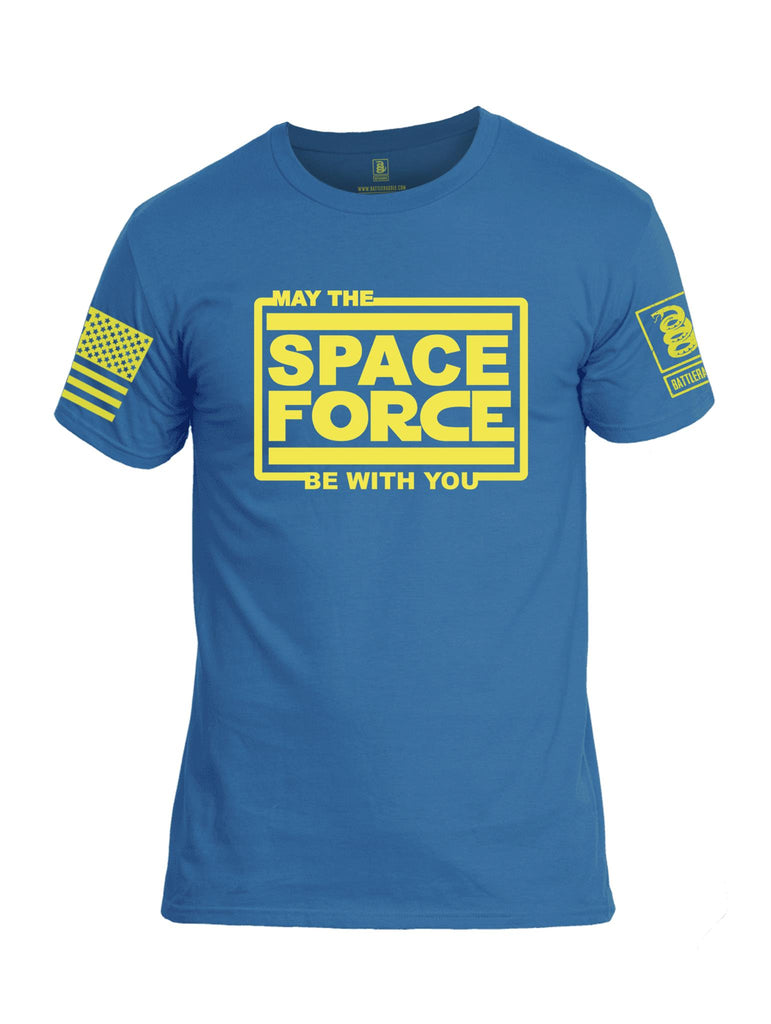 Battleraddle May The Space Force Be With You Yellow Sleeve Print Mens Cotton Crew Neck T Shirt