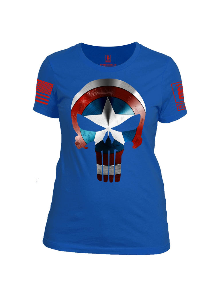 Battleraddle Captain Punisher America Shield Skull V1 Red Sleeve Print Womens Cotton Crew Neck T Shirt - Battleraddle® LLC