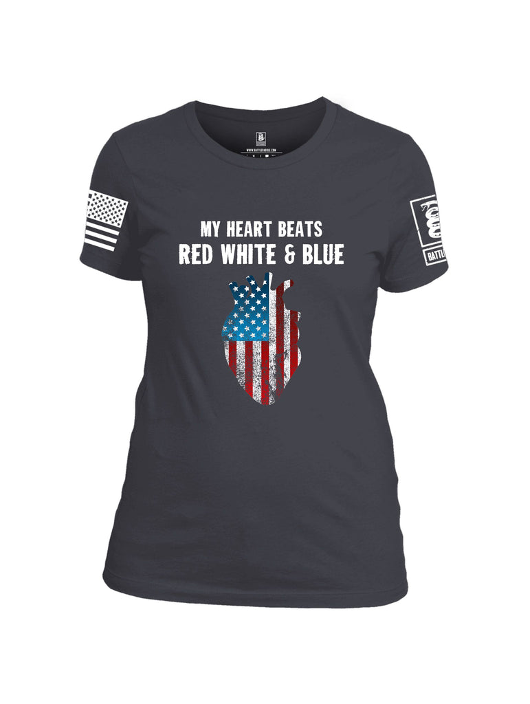 Battleraddle My Heart Beats Red White And Blue White Sleeves Women Cotton Crew Neck T-Shirt