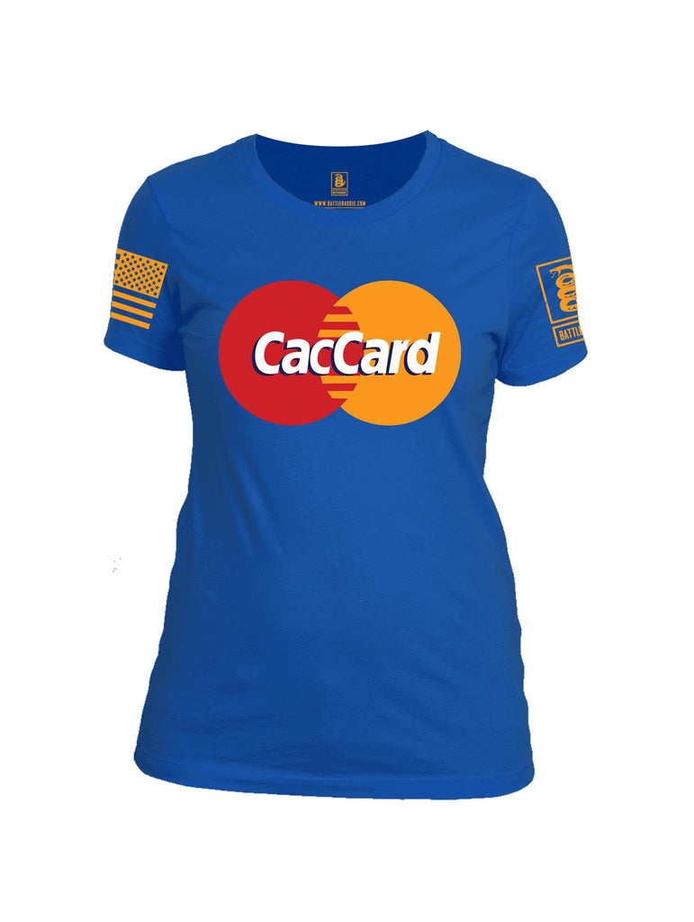 Battleraddle CacCard Orange Sleeve Print Womens Cotton Crew Neck T Shirt - Battleraddle® LLC