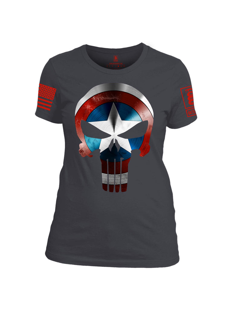Battleraddle Captain Punisher America Shield Skull V1 Red Sleeve Print Womens Cotton Crew Neck T Shirt - Battleraddle® LLC