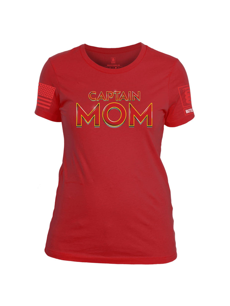 Battleraddle Captain Mom Red Sleeve Print Womens Cotton Crew Neck T Shirt