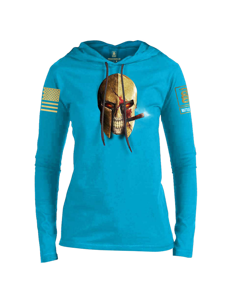 Battleraddle Smoking Spartan Skull Brass Sleeve Print Womens Thin Cotton Lightweight Hoodie