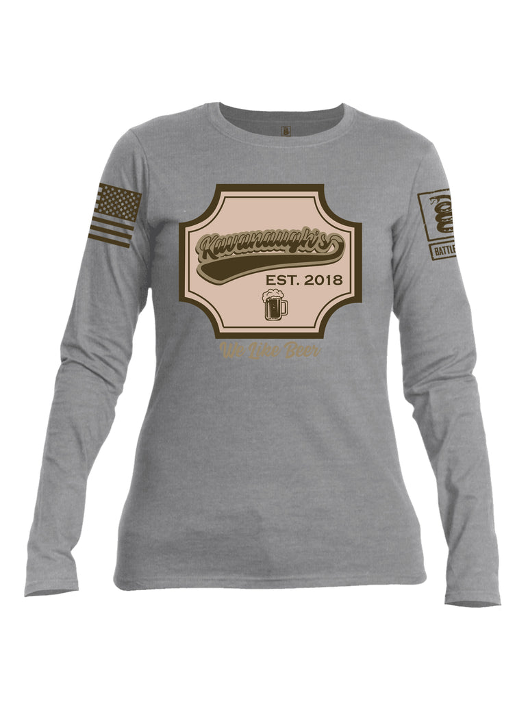 Battleraddle Kavanaugh's Est. 2018 We Like Beer Dark Brown Sleeve Print Womens Cotton Long Sleeve Crew Neck T Shirt