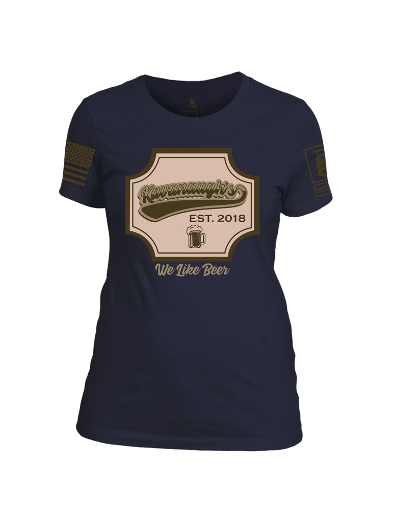 Battleraddle Kavanaugh's Est. 2018 We Like Beer Dark Brown Sleeve Print Womens Cotton Crew Neck T Shirt