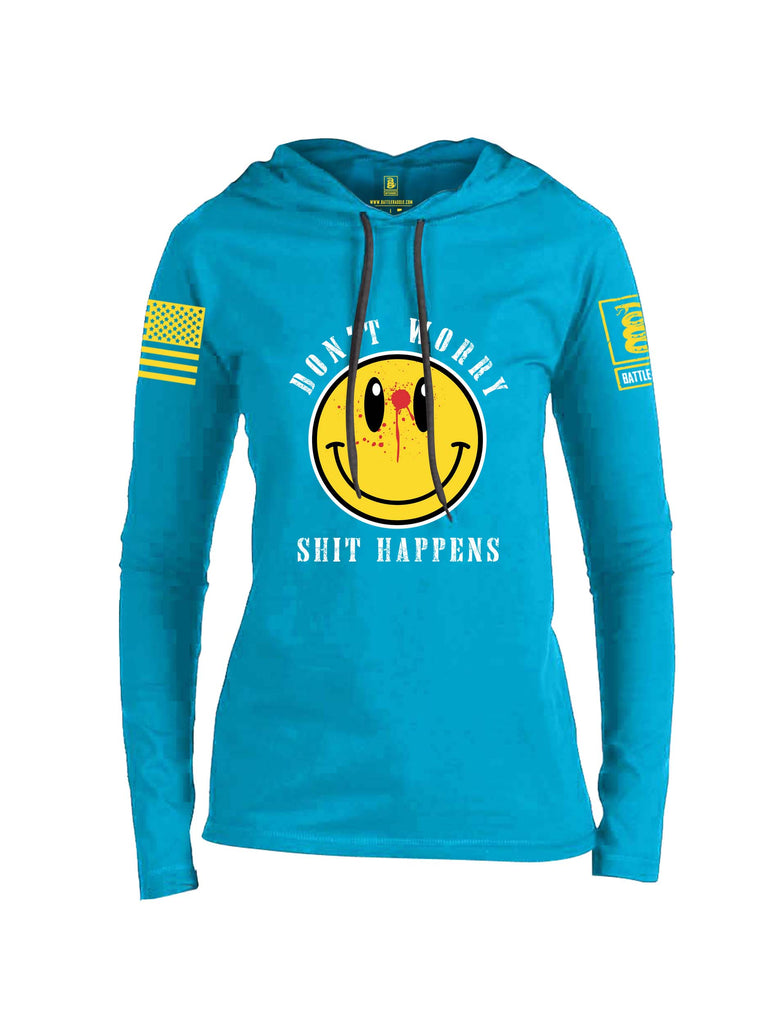 Battleraddle Dont Worry Shit Happens Yellow Sleeve Print Womens Thin Cotton Lightweight Hoodie