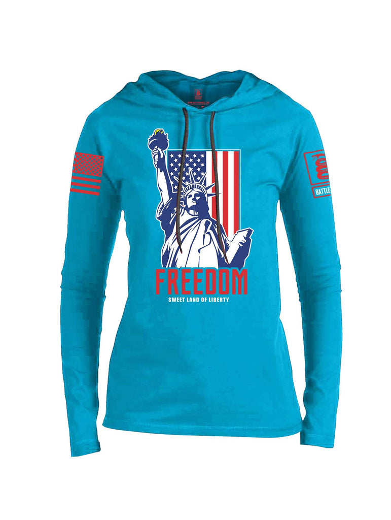 Battleraddle Freedom Sweet Land Of Liberty Red Sleeve Print Womens Thin Cotton Lightweight Hoodie shirt|custom|veterans|Apparel-Womens Hoodie-Cotton