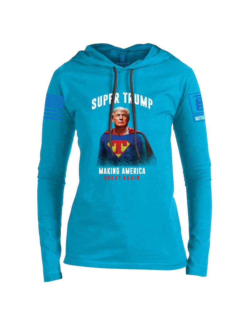 Battleraddle Super Trump Making America Great Again Blue Sleeve Print Womens Thin Cotton Lightweight Hoodie