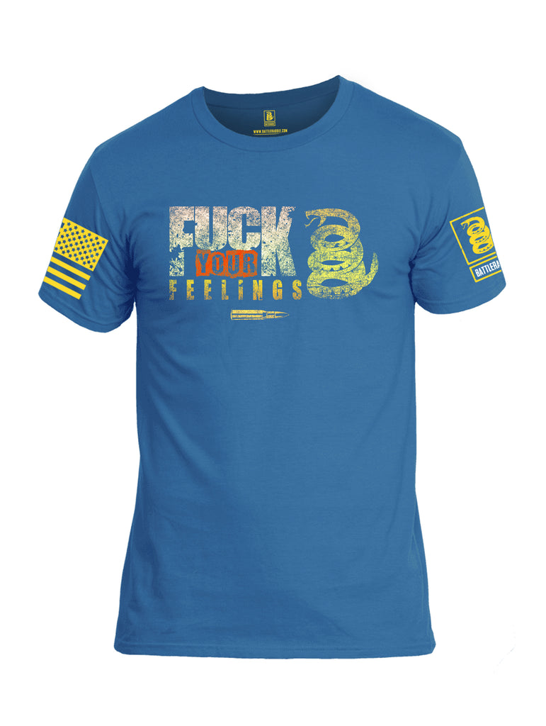 Battleraddle Fuck Your Feelings Yellow Sleeve Print Mens Cotton Crew Neck T Shirt