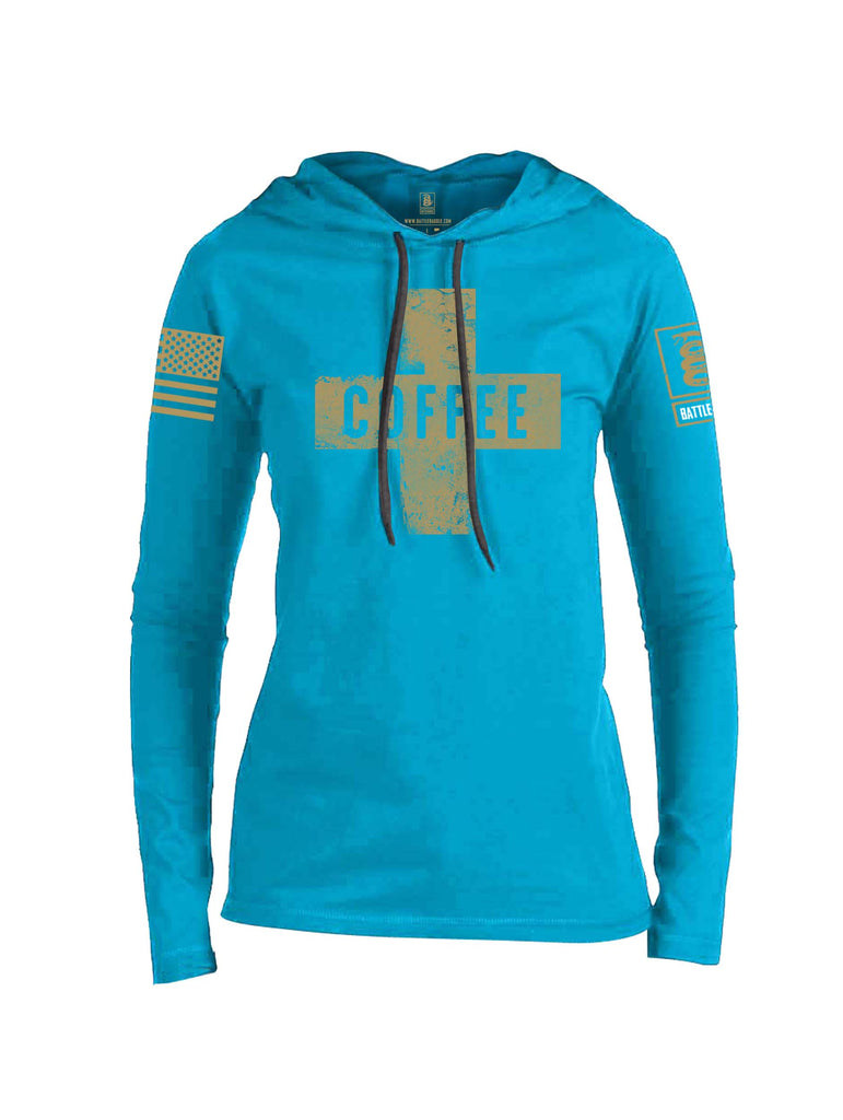 Battleraddle Coffee Cross Brass Sleeve Print Womens Thin Cotton Lightweight Hoodie