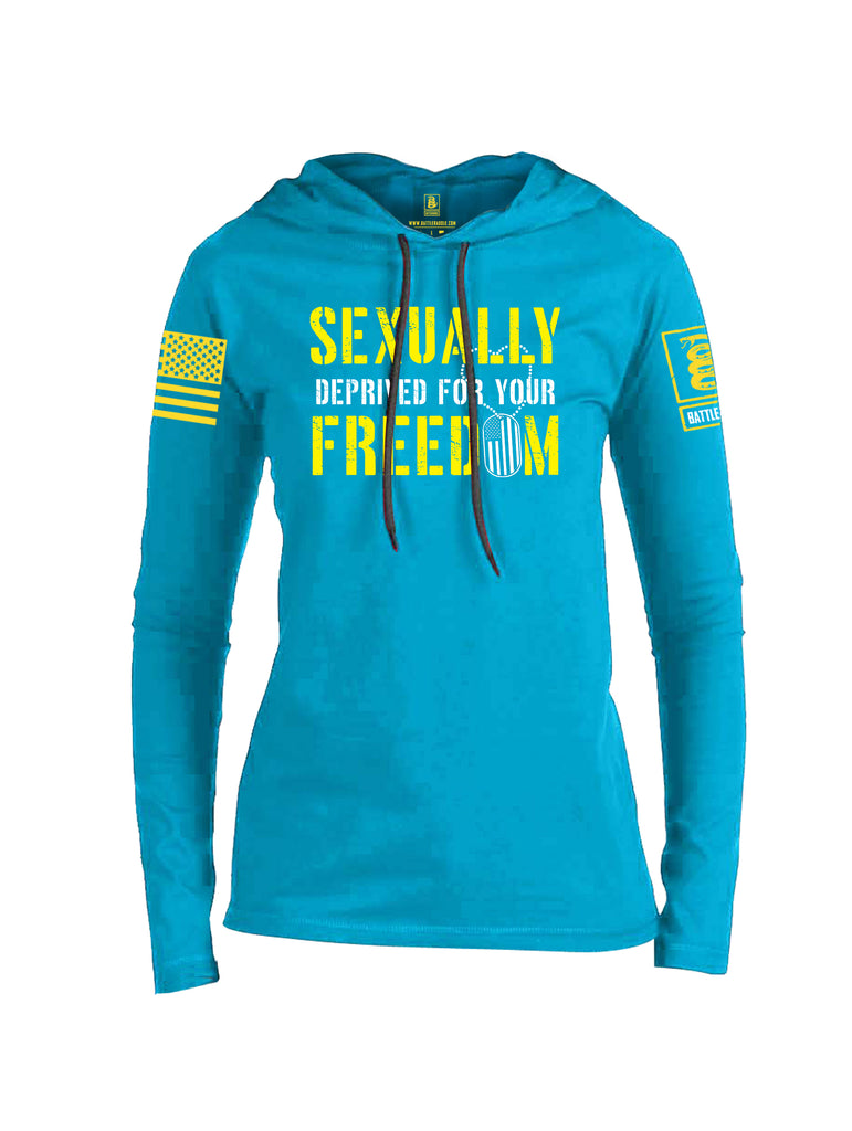 Battleraddle Sexually Deprived For Your Freedom Yellow Sleeve Print Womens Thin Cotton Lightweight Hoodie