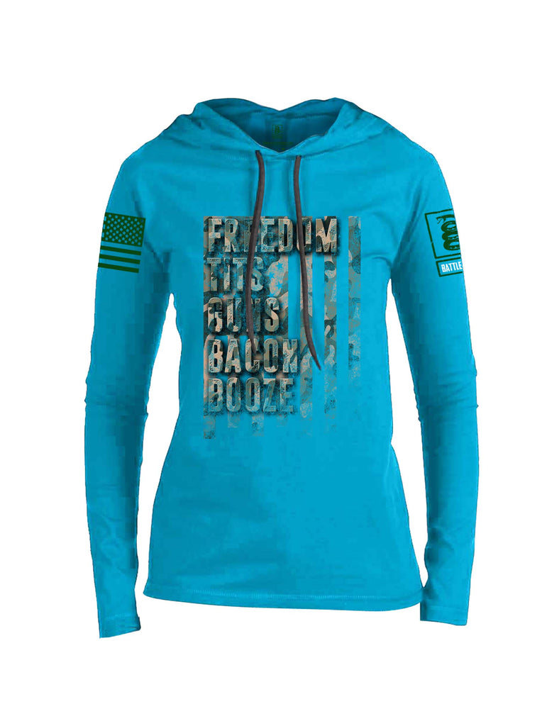 Battleraddle Freedom Tits Guns Bacon Booze Green Sleeve Print Womens Thin Cotton Lightweight Hoodie