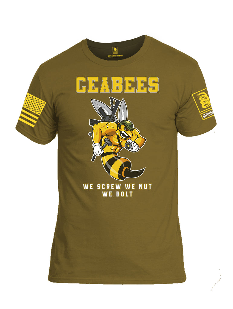 Battleraddle Ceabees We Screw We Nut We Bolt Yellow Sleeve Print Mens Cotton Crew Neck T Shirt