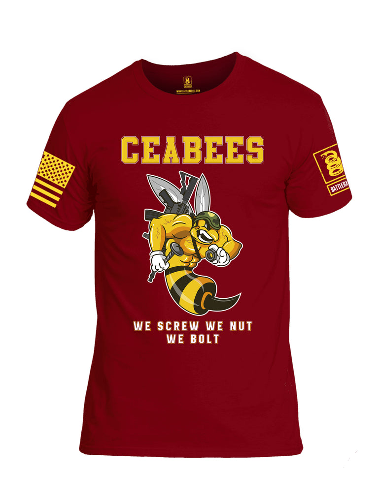 Battleraddle Ceabees We Screw We Nut We Bolt Yellow Sleeve Print Mens Cotton Crew Neck T Shirt