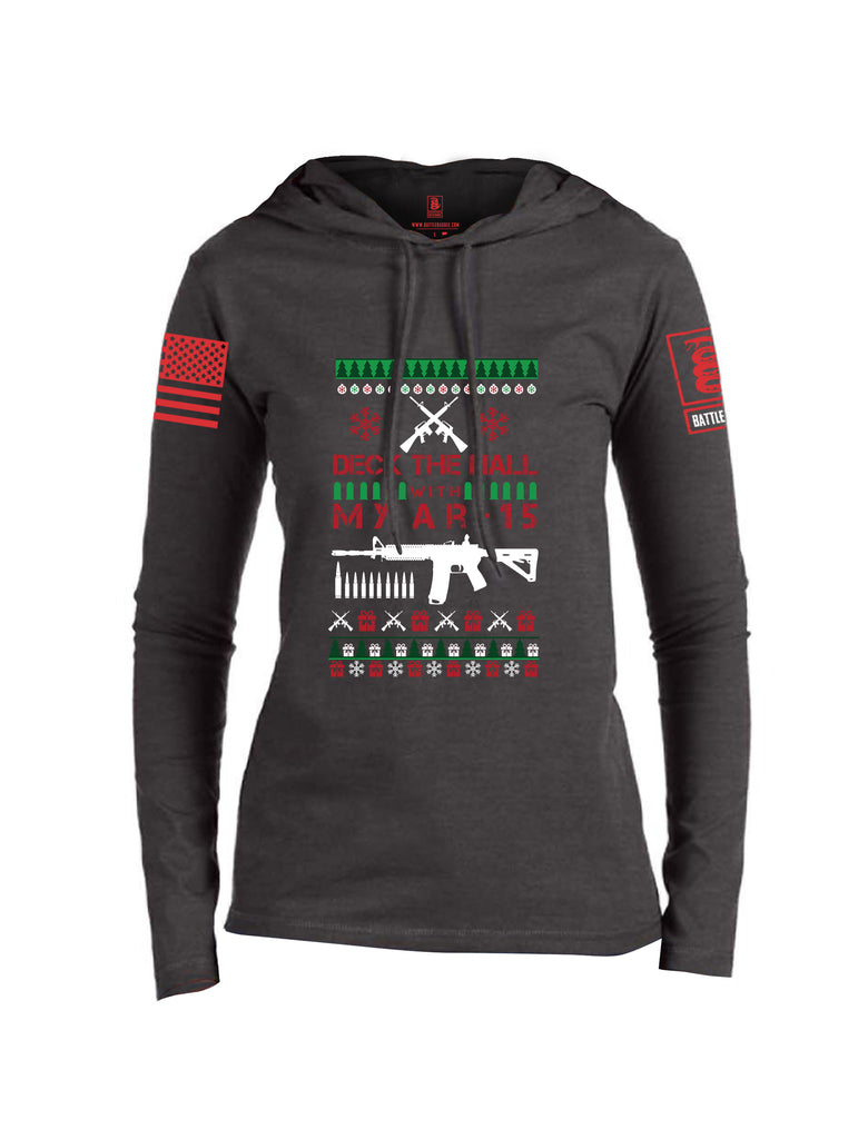 Battleraddle Deck The Hall With My AR15 Christmas Holiday Ugly Red Sleeve Print Womens Thin Cotton Lightweight Hoodie