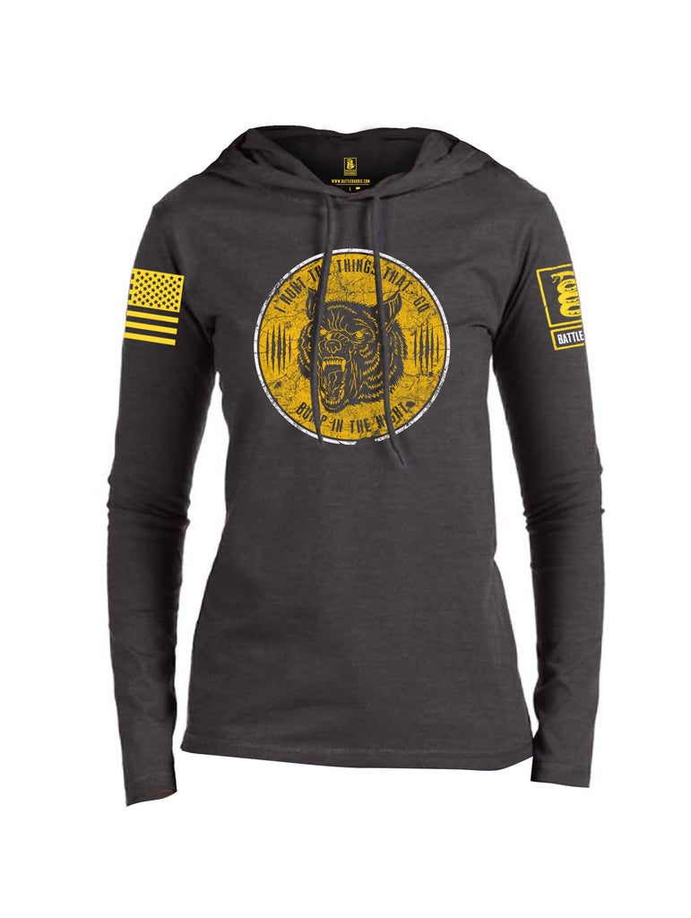 Battleraddle  I Hunt The Things That Go Bump In The Night Yellow Sleeve Print Womens Thin Cotton Lightweight Hoodie