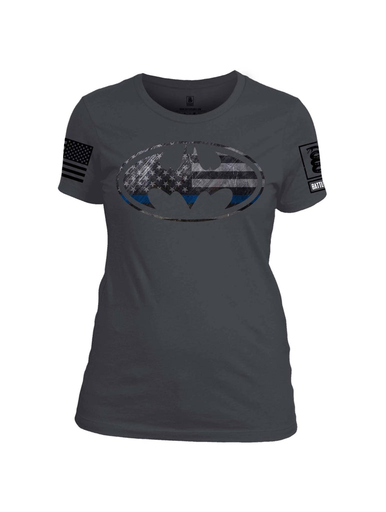 Battleraddle Bat Police Hero Blue Line USA Flag Black Sleeve Print Womens Cotton Crew Neck T Shirt shirt|custom|veterans|Apparel-Womens T Shirt-cotton