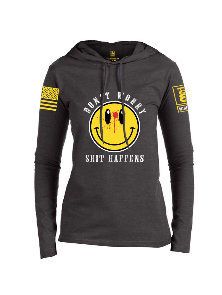 Battleraddle Dont Worry Shit Happens Yellow Sleeve Print Womens Thin Cotton Lightweight Hoodie