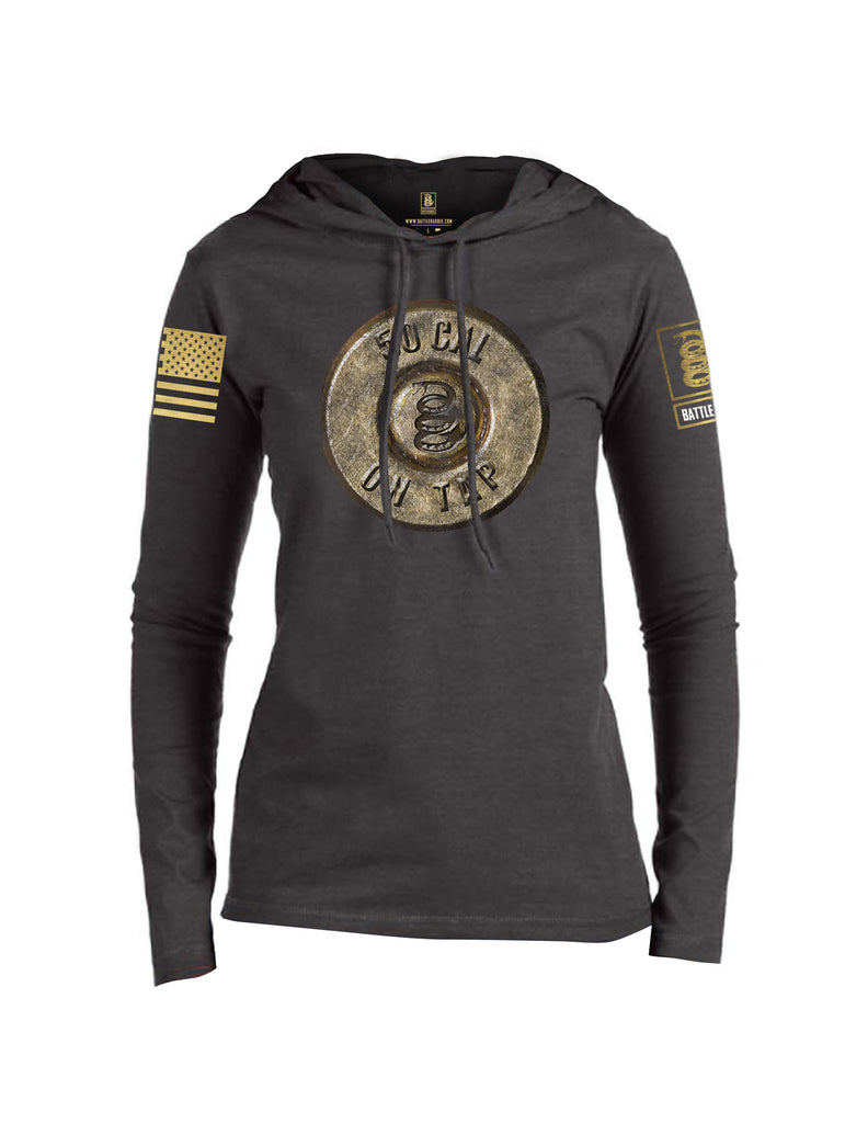 Battleraddle 50 CAL On Tap Brass Sleeve Print Womens Thin Cotton Lightweight Hoodie