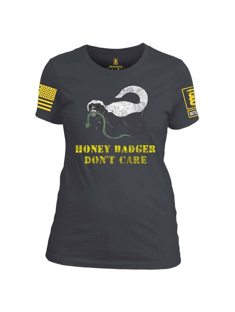 Battleraddle Honey Badger Dont Care Yellow Sleeve Print Womens Cotton Crew Neck T Shirt shirt|custom|veterans|Apparel-Womens T Shirt-cotton