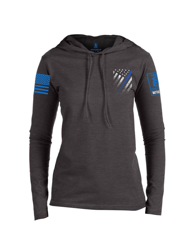 Battleraddle USA Blue Thin Line Series Flag Blue Sleeve Print Womens Thin Cotton Lightweight Hoodie shirt|custom|veterans|Apparel-Womens Hoodie-Cotton