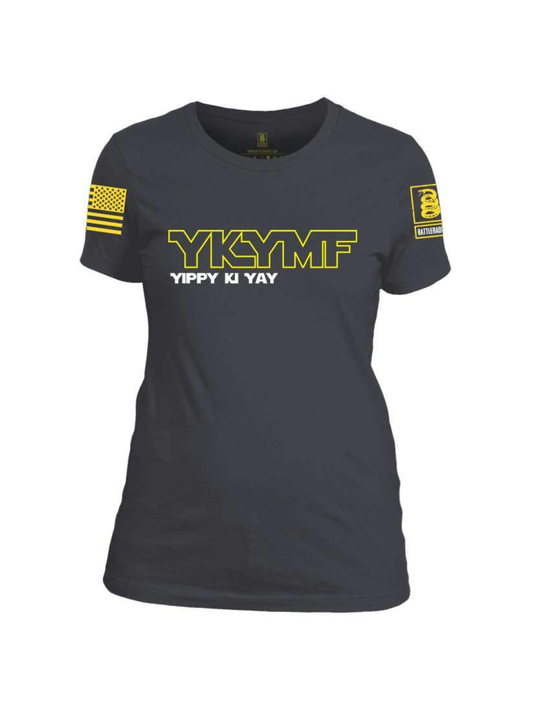 Battleraddle YKYMF Yippy Ki Yay Yellow Sleeve Print Womens Cotton Crew Neck T Shirt shirt|custom|veterans|Apparel-Womens T Shirt-cotton
