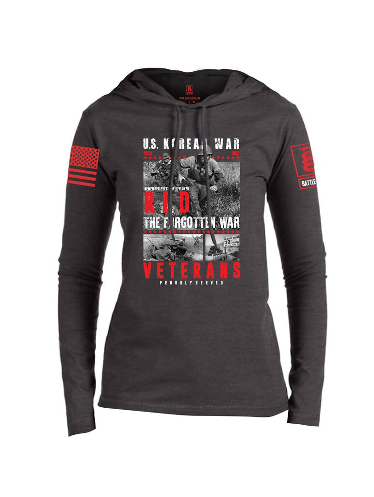 Battleraddle US Korean War RED Remember Everyone Deployed The Forgotten War Veterans Proudly Served Red Sleeve Print Womens Thin Cotton Lightweight Hoodie shirt|custom|veterans|Apparel-Womens Hoodie-Cotton