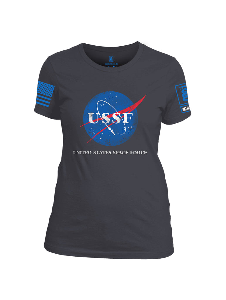 Battleraddle United States Space Force Blue Sleeve Print Womens Cotton Crew Neck T Shirt