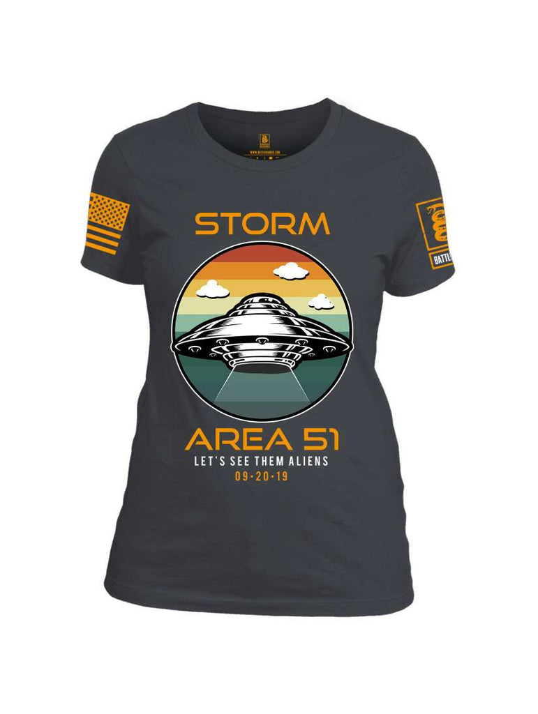 Battleraddle Storm Area 51 Let's See Them Aliens Orange Sleeve Print Womens Cotton Crew Neck T Shirt