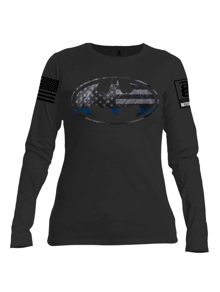Battleraddle Bat Police Hero Blue Line USA Flag Black Sleeve Print Womens Cotton Long Sleeve Crew Neck T Shirt shirt|custom|veterans|Women-Long Sleeves Crewneck Shirt