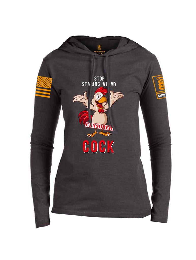 Battleraddle Stop Staring At My Censored Cock Orange Sleeve Print Womens Thin Cotton Lightweight Hoodie shirt|custom|veterans|Apparel-Womens Hoodie-Cotton