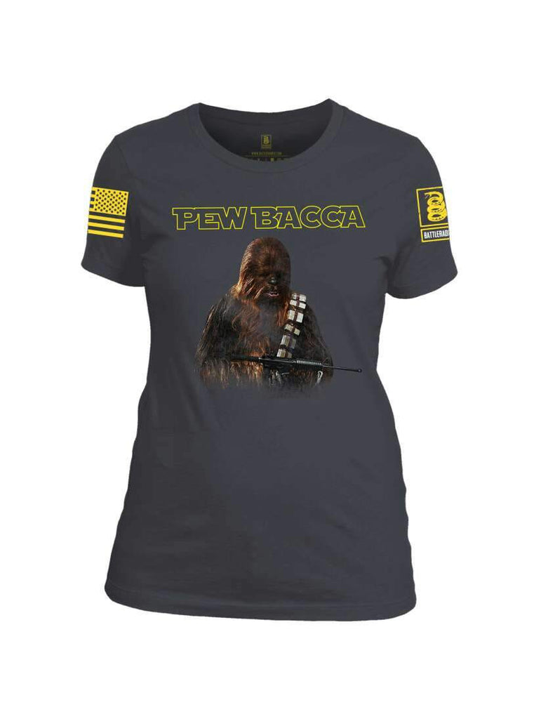 Battleraddle Pew Bacca Yellow Sleeve Print Womens Cotton Crew Neck T Shirt shirt|custom|veterans|Apparel-Womens T Shirt-cotton