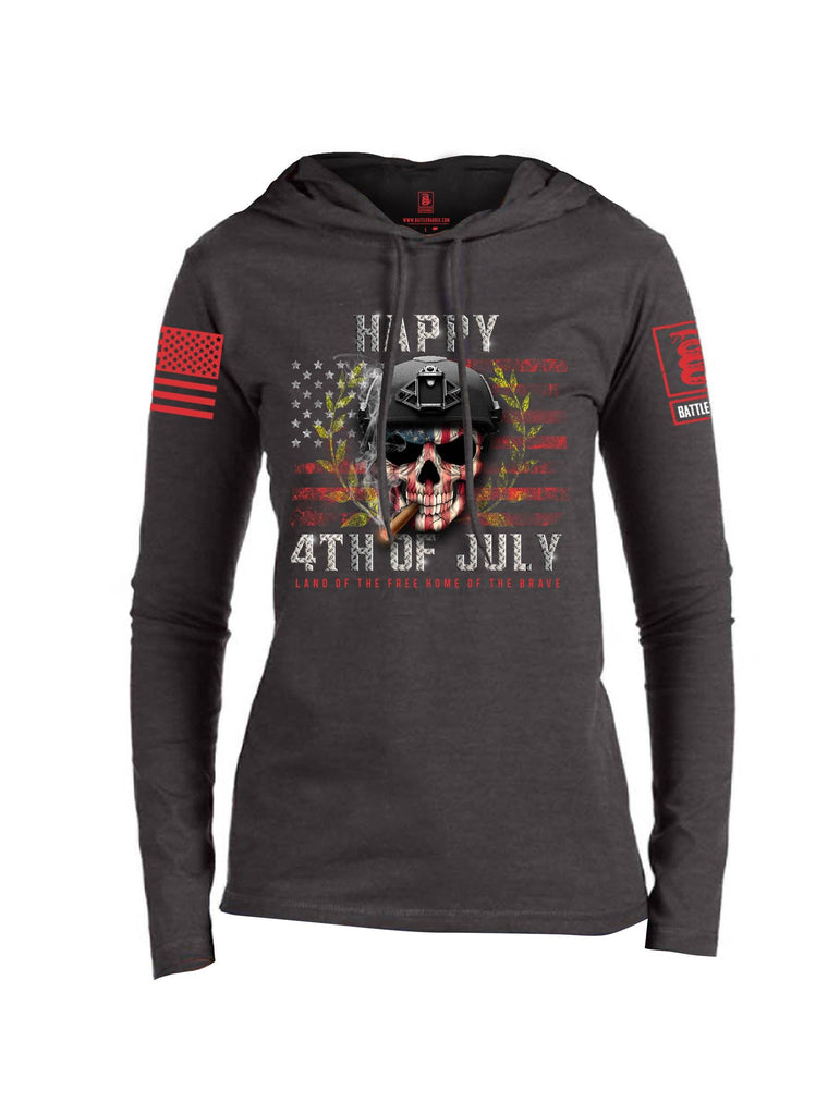 Battleraddle Happy 4th of July Land Of The Free Home Of The Brave Red Sleeve Print Womens Thin Cotton Lightweight Hoodie shirt|custom|veterans|Apparel-Womens Hoodie-Cotton