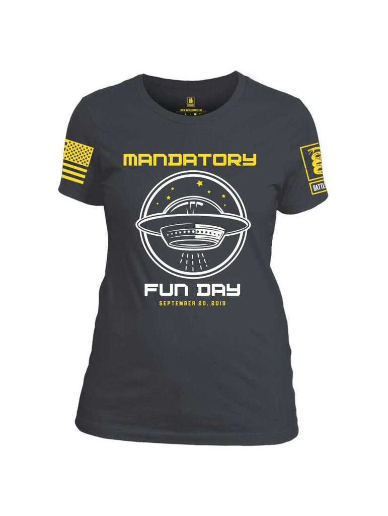 Battleraddle Mandatory Fun Day Yellow Sleeve Print Print Womens Cotton Crew Neck T Shirt