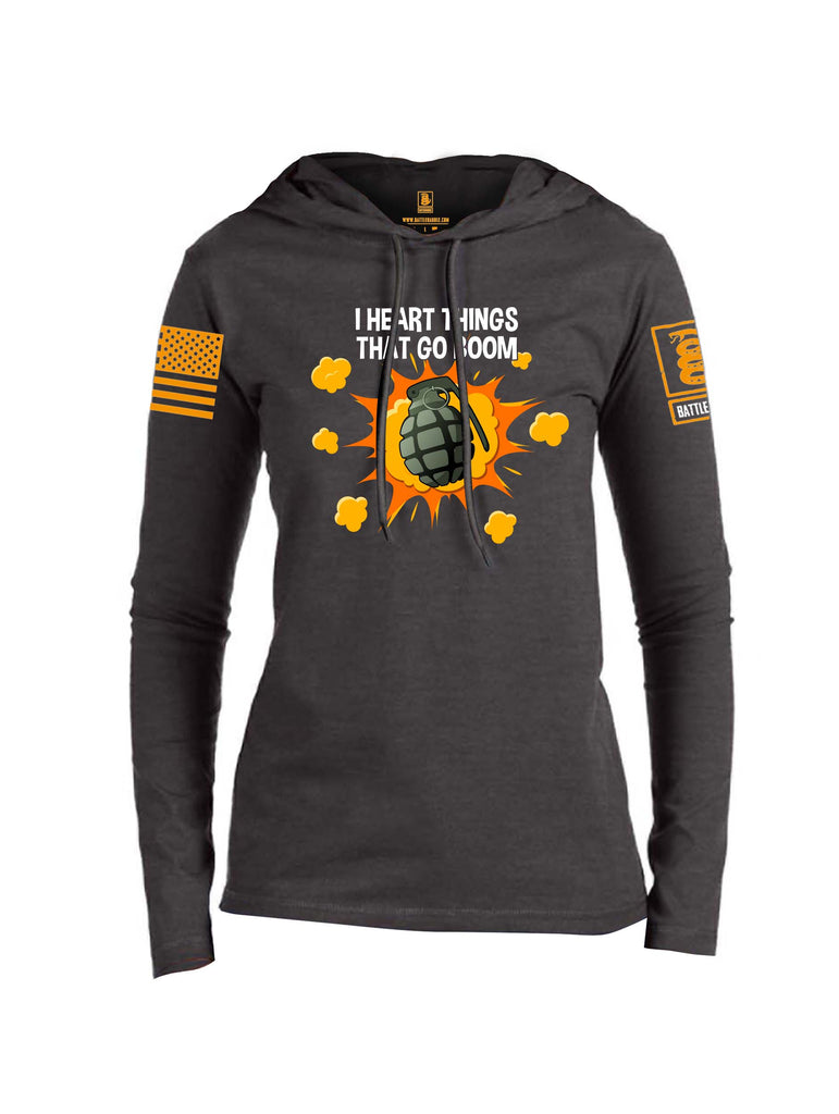 Battleraddle I Heart things That Go Boom Orange Sleeve Print Womens Thin Cotton Lightweight Hoodie