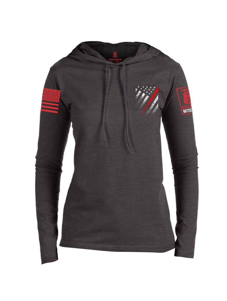 Battleraddle USA Red Thin Line Series Flag Red Sleeve Print Womens Thin Cotton Lightweight Hoodie shirt|custom|veterans|Apparel-Womens Hoodie-Cotton