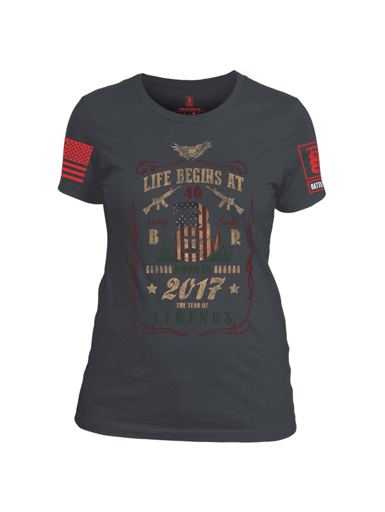 Battleraddle Life Begins At 40 Red Sleeve Print Womens Cotton Crew Neck T Shirt