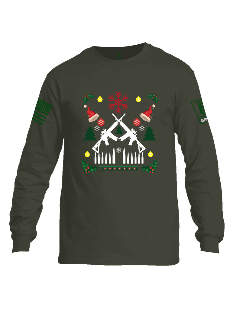 Battleraddle AR15 Cross Rifle Bullet Links Christmas Holiday Ugly Dark Green Sleeve Print Mens Cotton Long Sleeve Crew Neck T Shirt