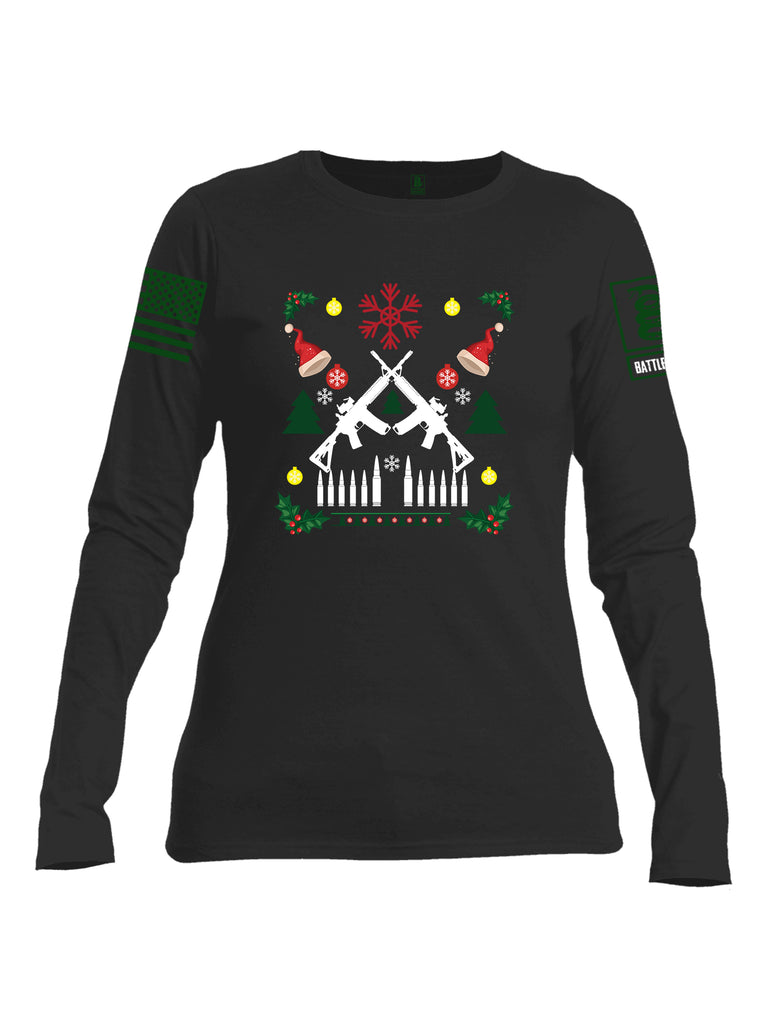 Battleraddle AR15 Cross Rifle Bullet Links Christmas Holiday Ugly Green Sleeve Print Womens Cotton Long Sleeve Crew Neck T Shirt