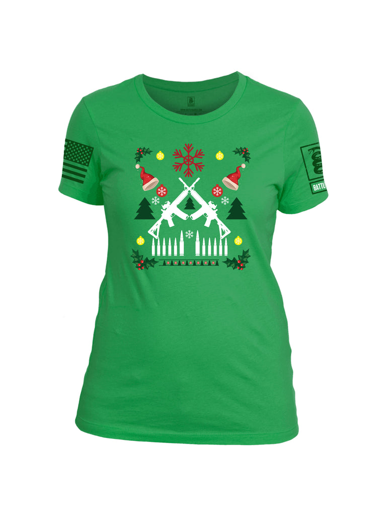 Battleraddle AR15 Cross Rifle Bullet Links Christmas Holiday Ugly Green Sleeve Womens Cotton Crew Neck T Shirt
