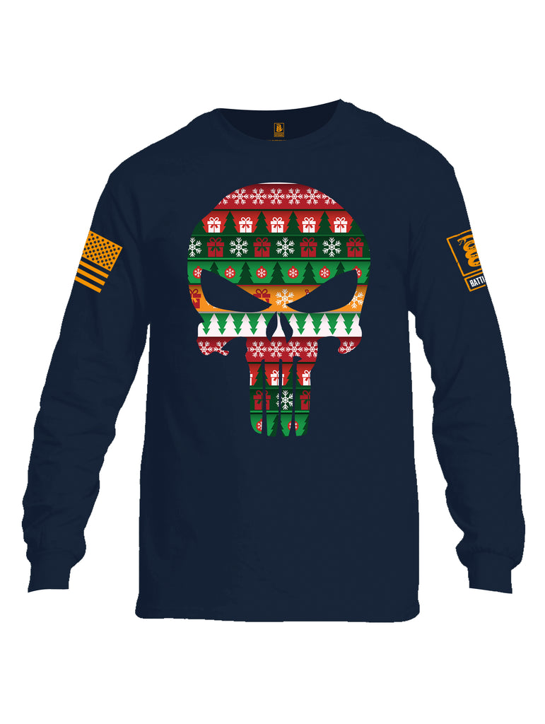 Battleraddle Expounder Skull Christmas Holiday Ugly Orange Sleeve Print Mens Cotton Long Sleeve Crew Neck T Shirt